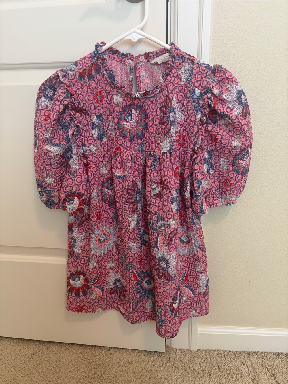 LOFT Pink and Blue Floral Puff-Sleeve Blouse